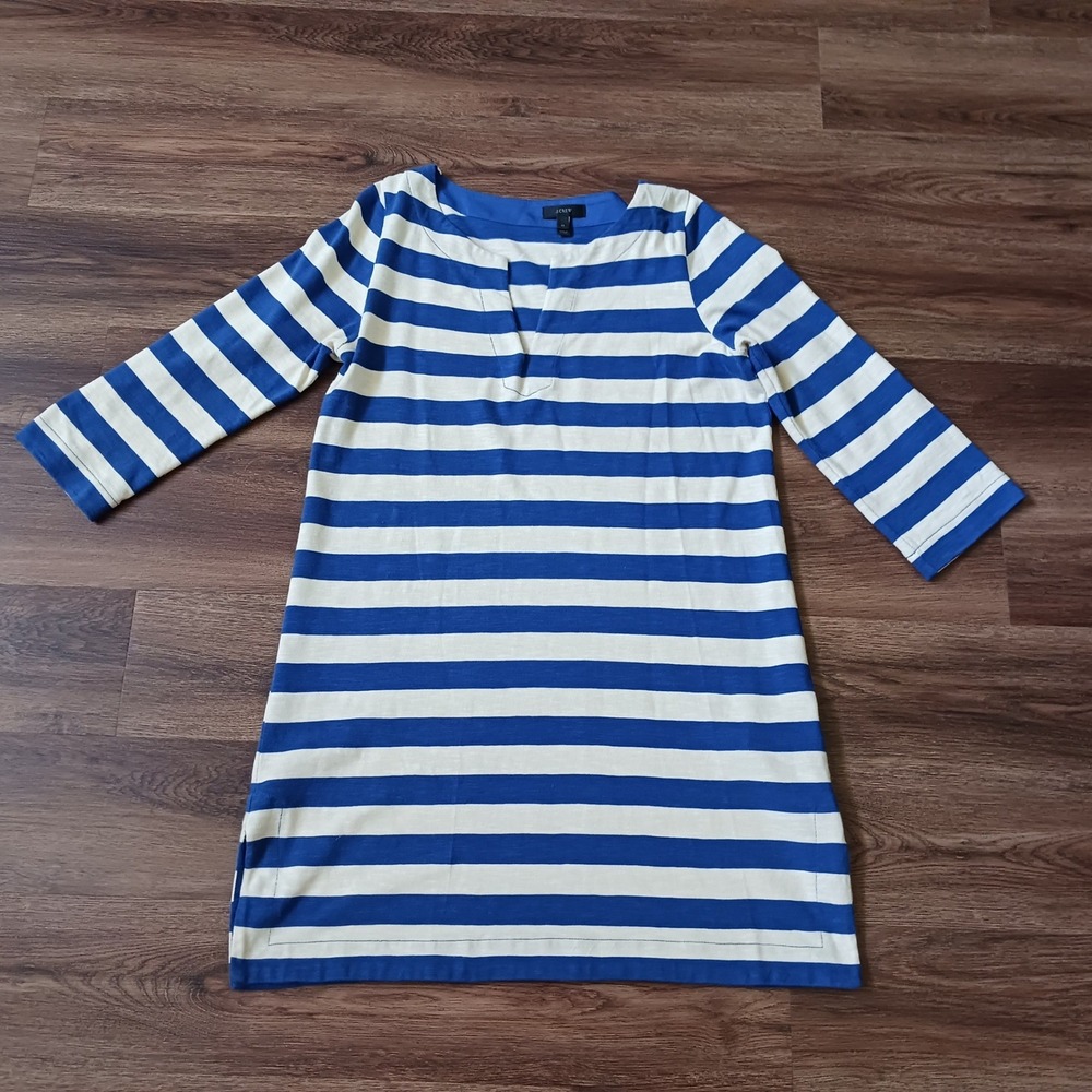 J.Crew Womens Blue Striped Cotton Tunic Dress Split Neck 3/4 Sleeve F1169 M
